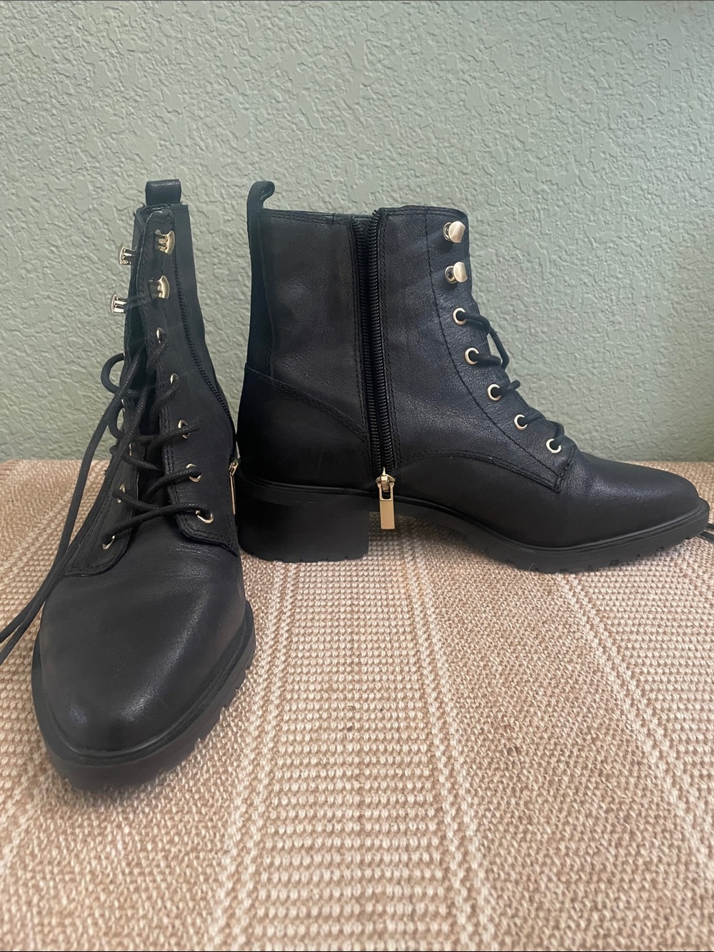 Sole Society Black Lace-Up Ankle Boots with Gold Hardware